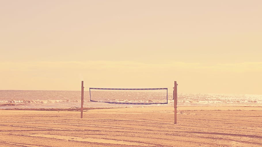 volleyball, net, beach, daylight, landscape, light, ocean, outdoors, sand, sea