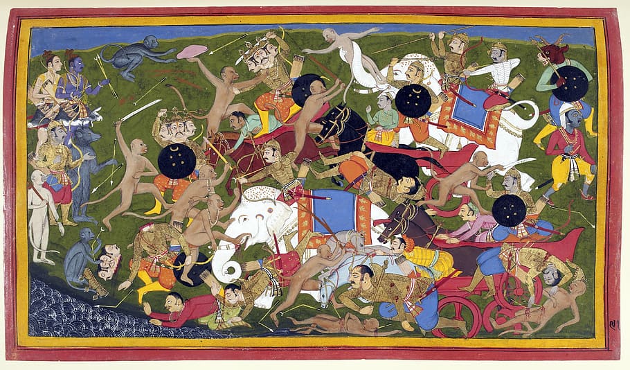 Ilustración de las deidades hindúes, Lucha, Batalla, Lanka, Ramayana, Udaipur, siglo XVII, pintura, mural, india