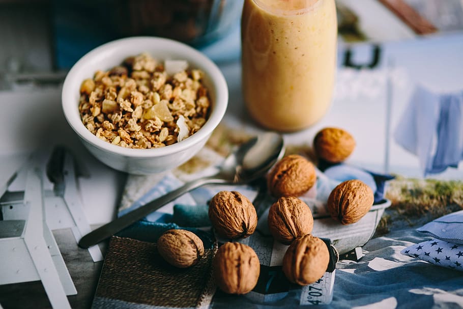 breakfast, healthy, fresh, homemade, fit, nuts, walnut, shake, active, oatmeal