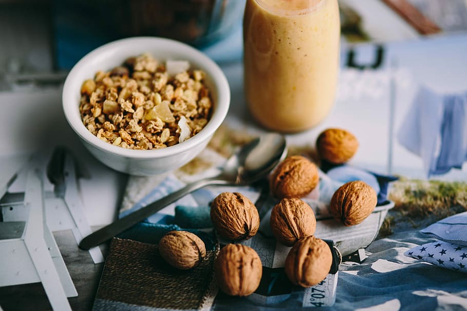 full, walnuts, fresh, healthy, shake, musli, bowl, Jar, breakfast, homemade