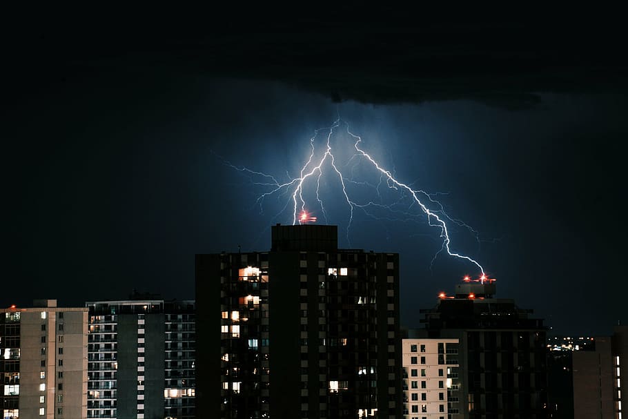 lightning, striking, buildings, nighttime, high, rise, building, architecture, structure, city