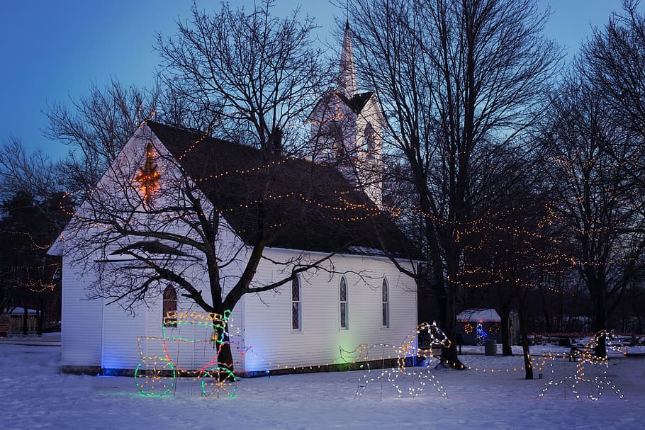 christmas church, church at night, holiday church, xmas town, christmas lights, landscape, tree, building exterior, architecture, built structure