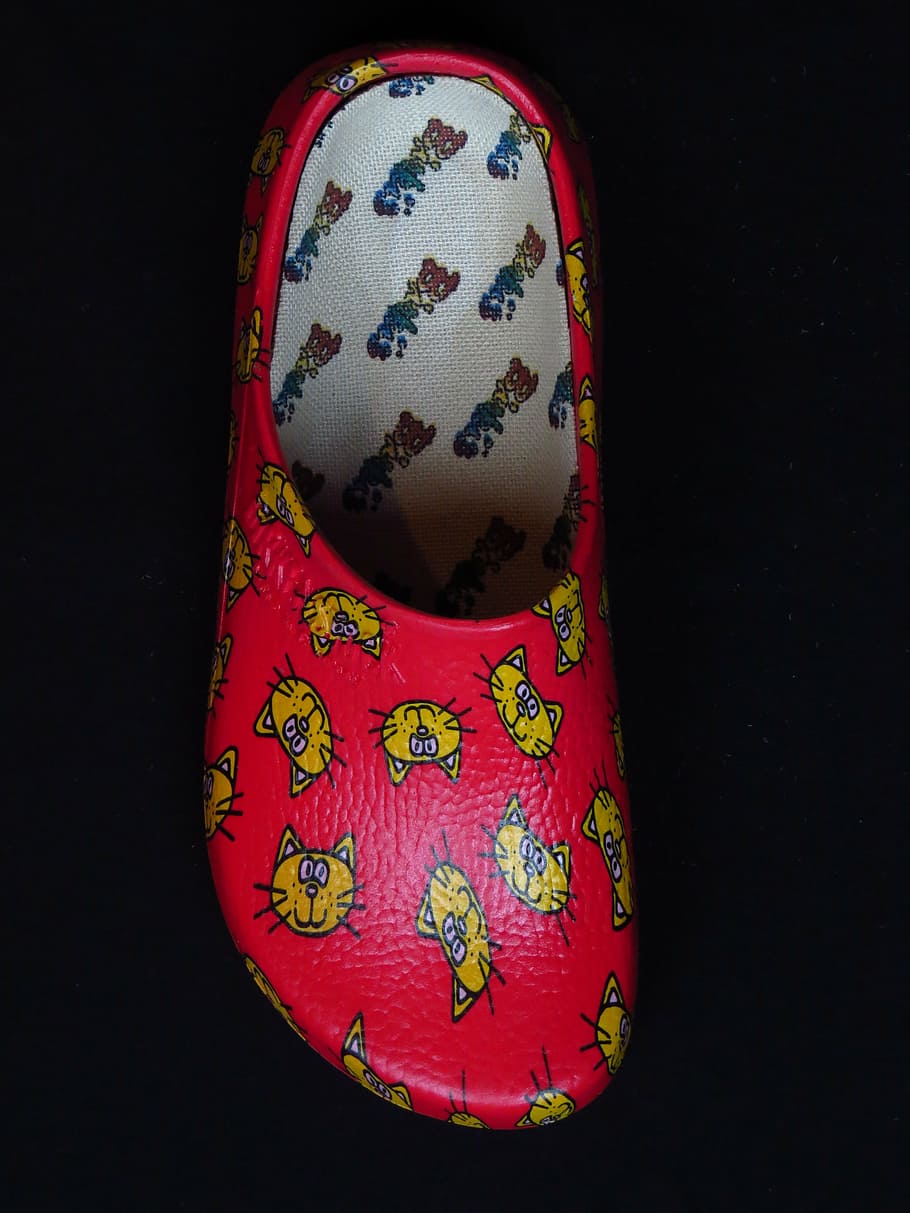 shoe, slipper, clog, shoes, slippers, dutch, red, cat, pattern, garden shoe