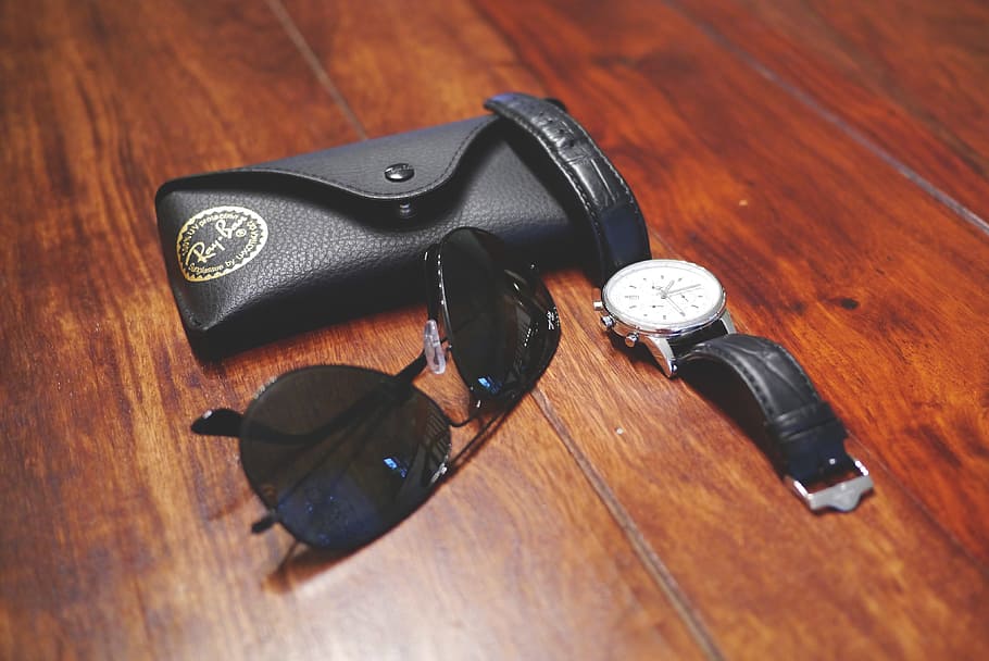 black, ray-ban aviators, wooden, floor, round silver-colored, watch, Accessories, Sunglasses, Rayban, wrist watch