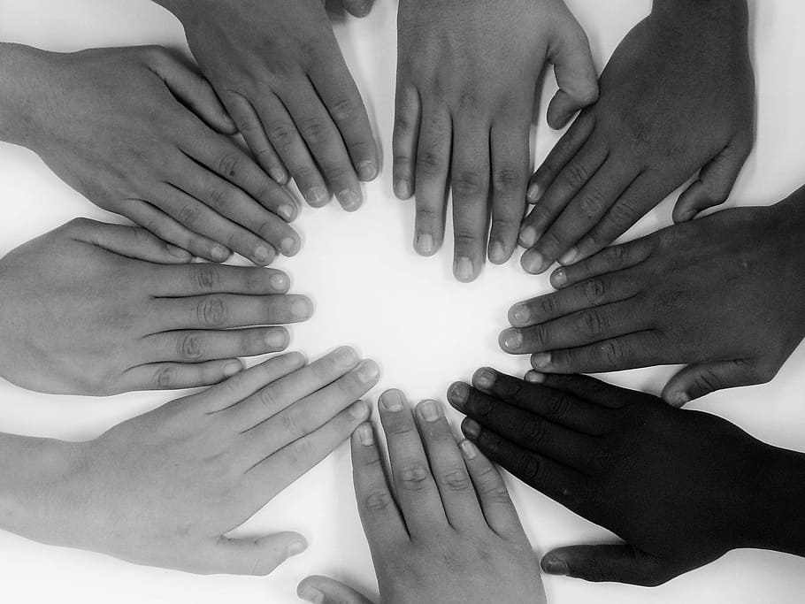 mãos humanas, compartilhar, um por todos e todos por um, coração, amizade, amor, mãos, união, foto, preto e branco