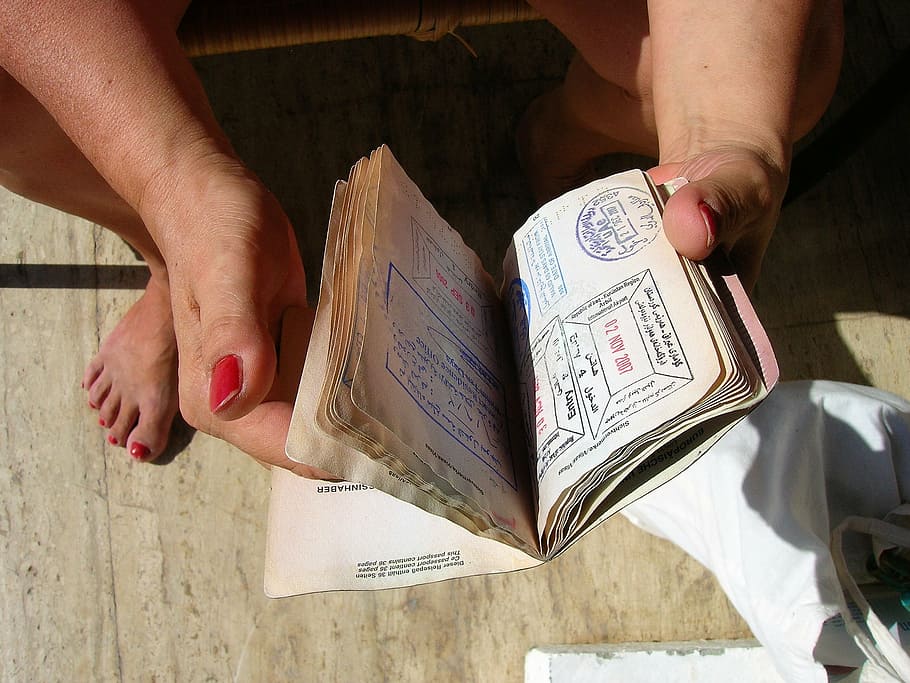 pessoa segurando livro, passe, passaporte, visto, carimbo, documento de viagem, viagem, vá embora, bilhete de identidade, identidade