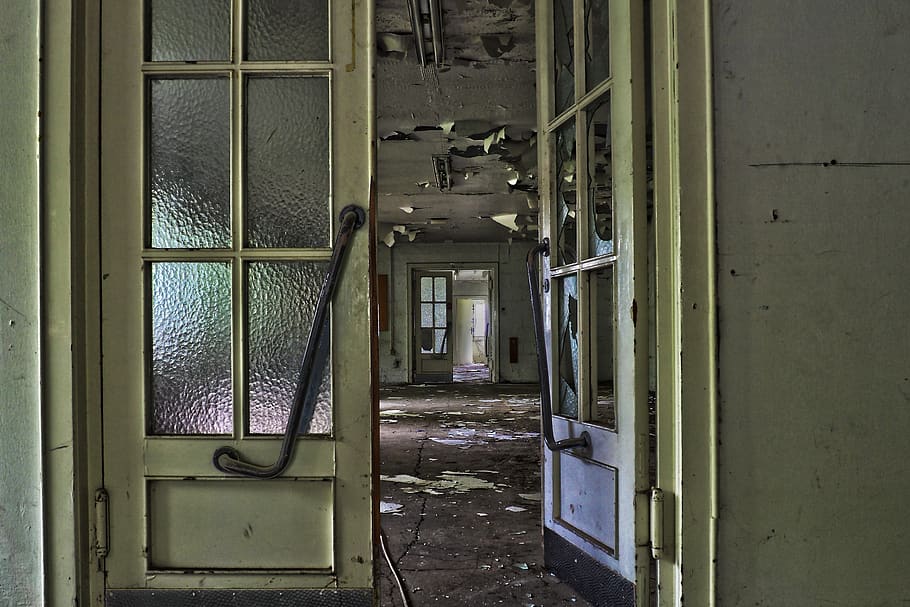 door, house, architecture, window, abandoned, building, within, old, glass, disc