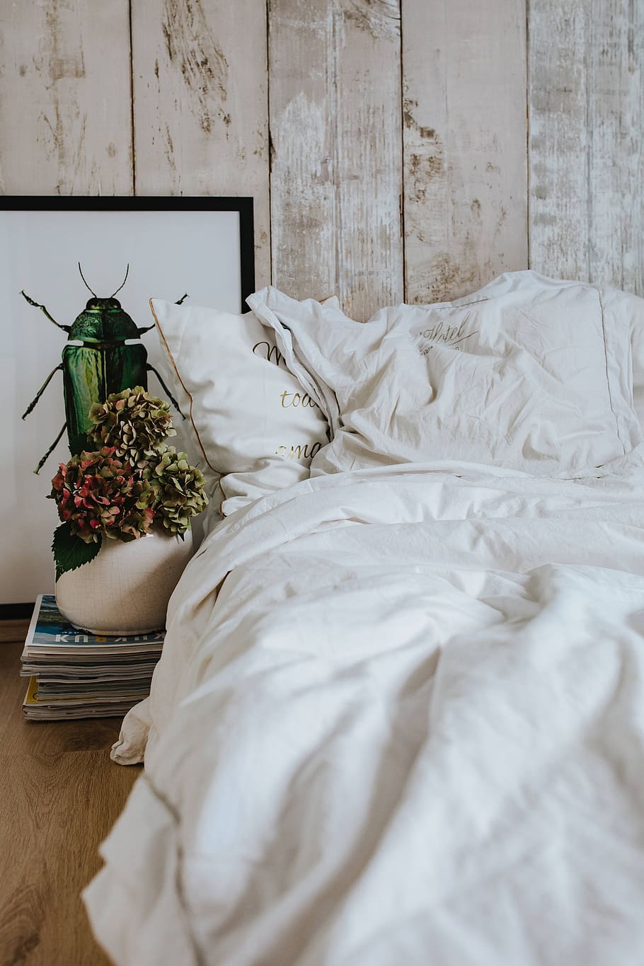 cama, roupa de cama, edredom, lençóis, imagem, besouro, Branco, verde, vaso, planta