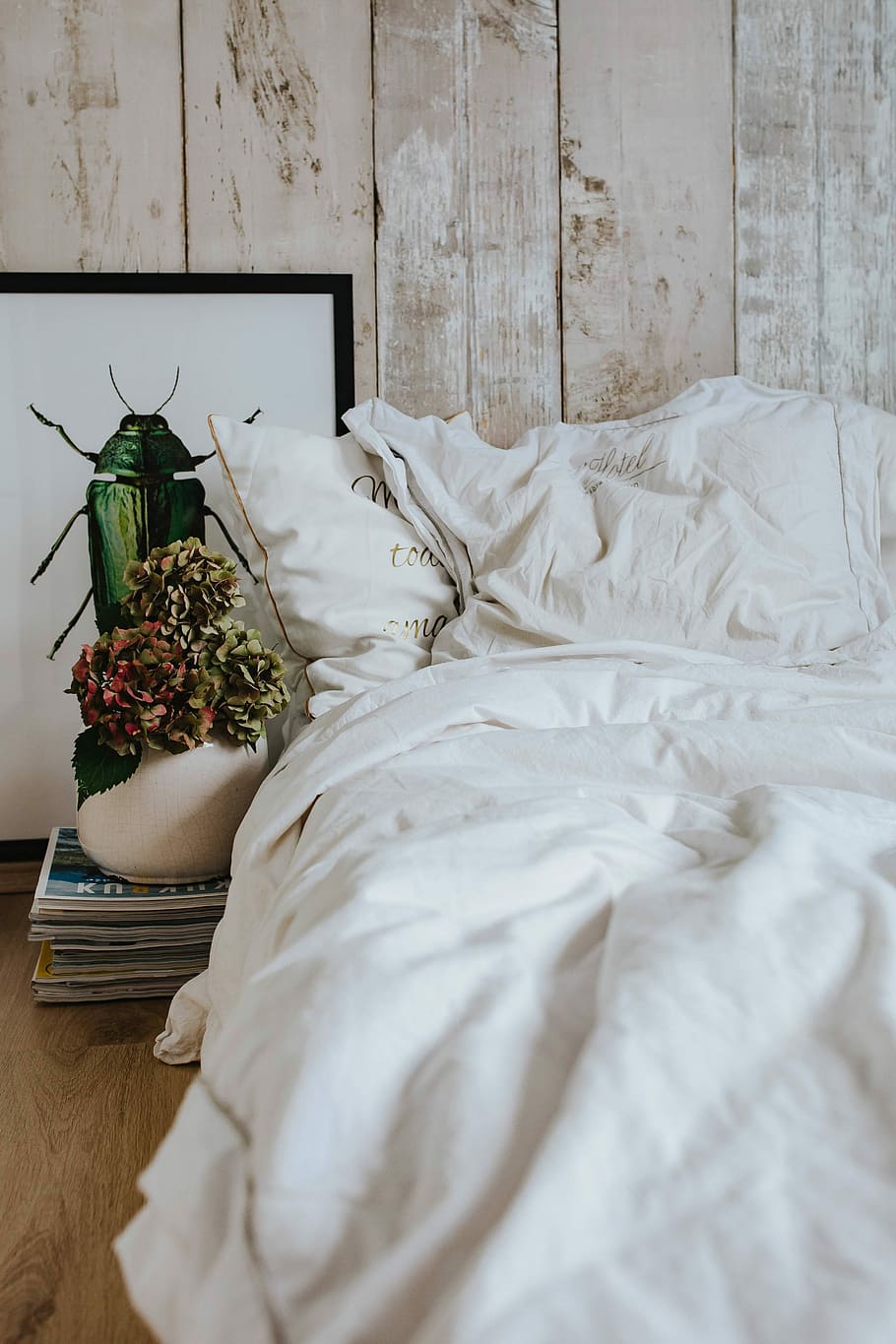 sábanas, imagen, verde, escarabajo, maceta, pila, revistas, blanco, cama, ropa de cama