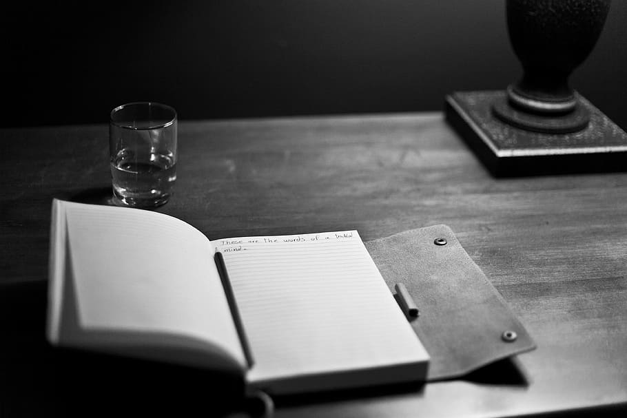 notebook, top, table, monochromatic, photography, on top, manuscript, writing, notepad, write