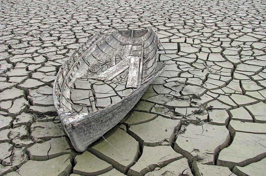 grey, boat, dried, cracked, ground, daytime, old, ship, mud, broken