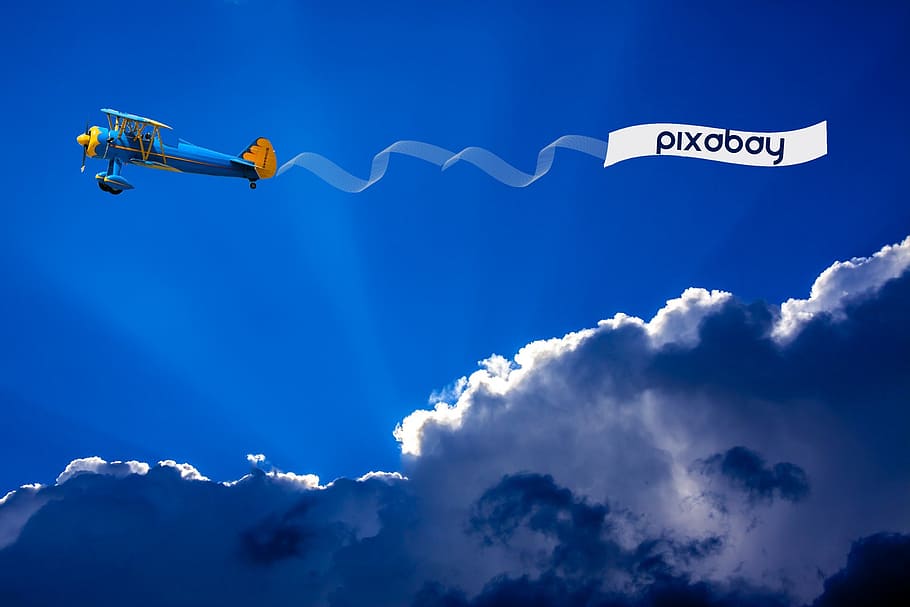 biru, kuning, ilustrasi monoplane, pixabay, pesawat terbang, vintage, pengiklanan, iklan, spanduk, langit