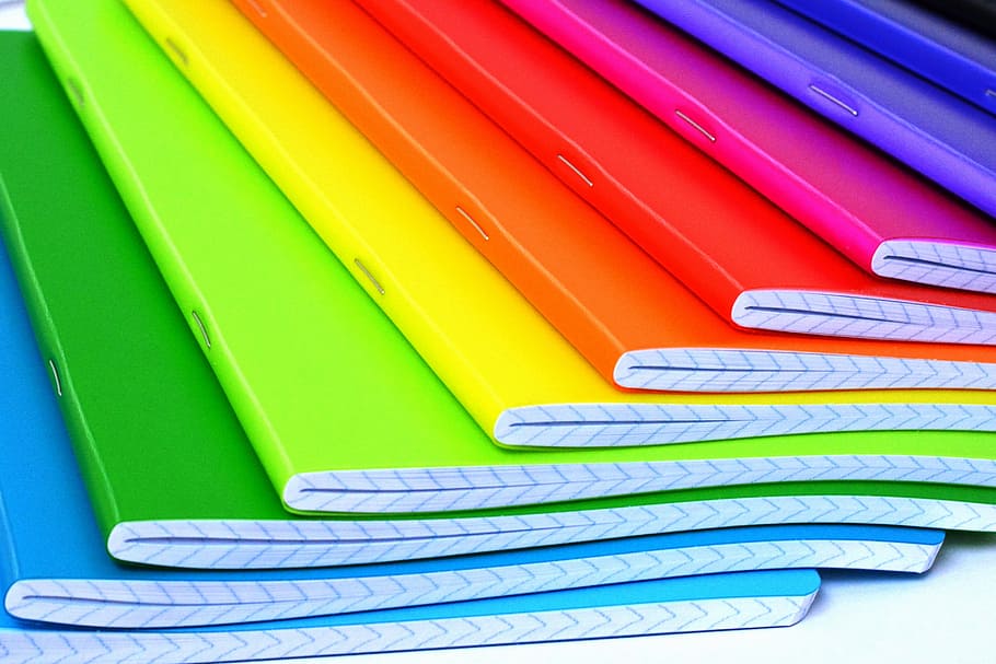 assorted-color notebooks, notebooks, color, colored, rainbow, saturated, the colour of the, screen, multi Colored, blue