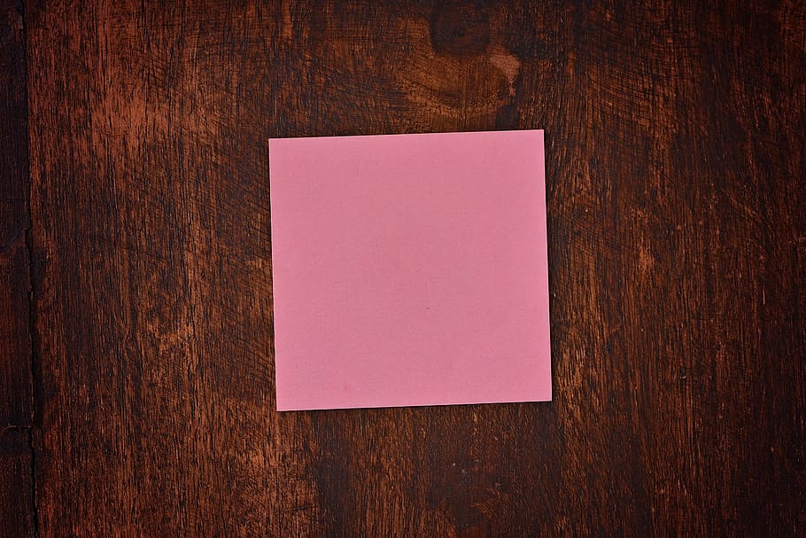 empty, pink, post-it note, stickies, note, notepad, list, wood, wood background, background