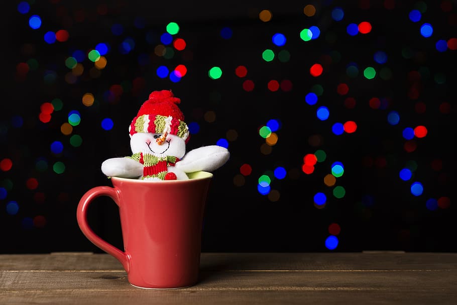 white, snow man, red, cup, christmas, snowman, lights, santa claus, snow, december