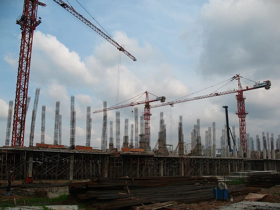 three, cranes, construction, building, build, industry, development, industrial, builder, project