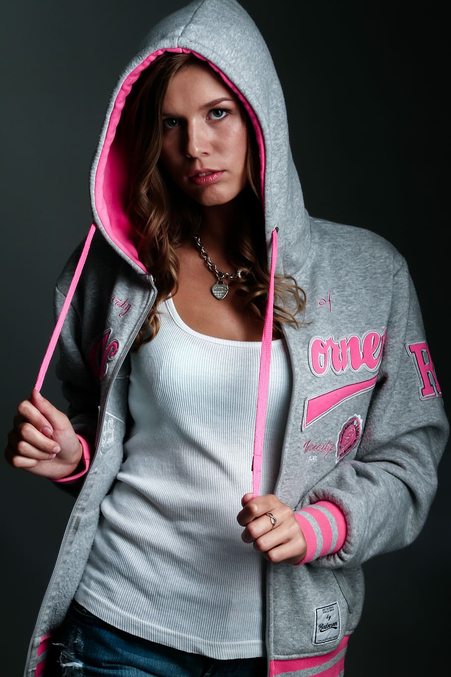 woman, gray, pink, zip-up hoodie, young, lovely, nice, fashion, girl, model