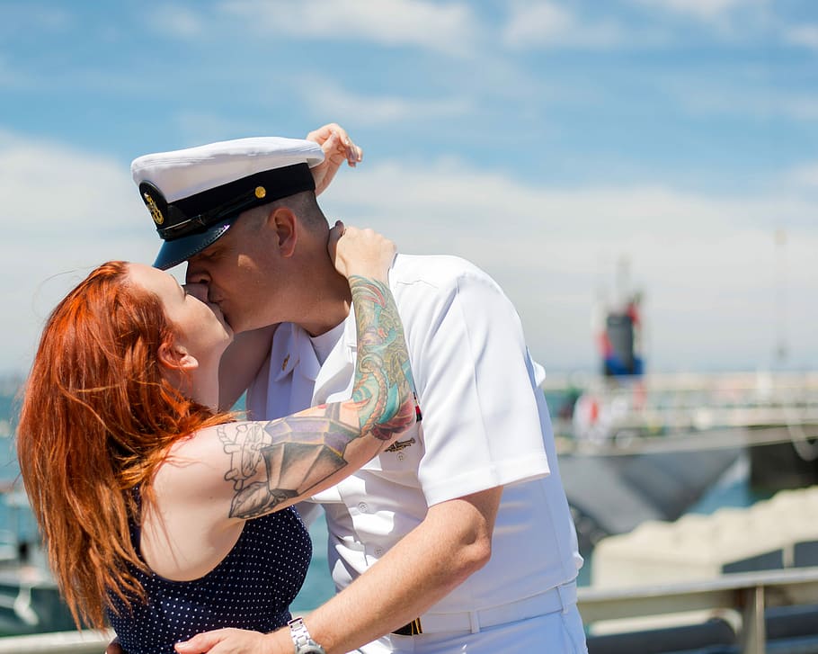 navy veteran couple, coming, home, deployment, Navy, Veteran, Couple, Kissing, coming home, homecoming