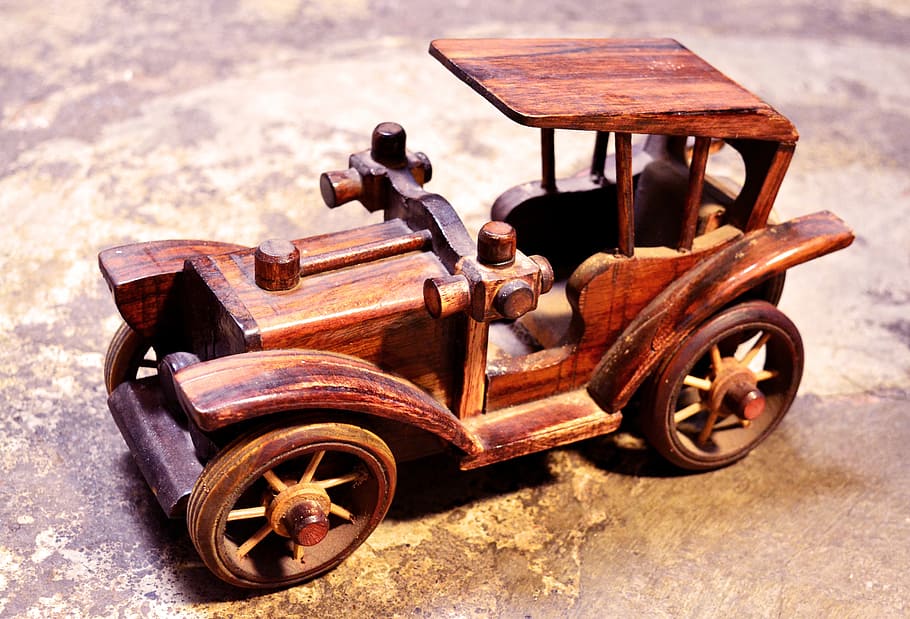 toy, car, wooden, vehicle, wood, classic, old, childhood, vintage, transportation