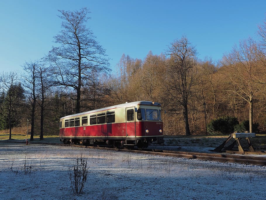 hsb, schmalspurbahn harzer, railcar, alexisbad, narrow gauge, ostharz, meter track, hoarfrost, winter timetable, rail transportation