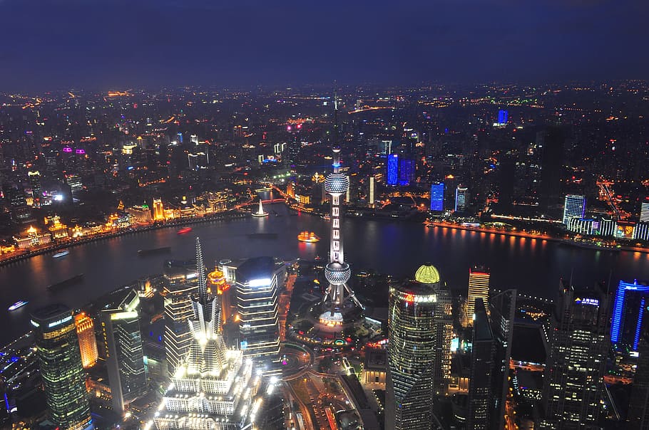 ciudad, Disparo nocturno, Shangai, China, urbano, negocios, noche, paisaje urbano, horizonte urbano, río