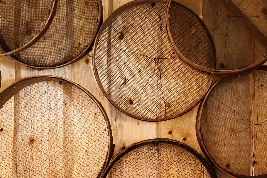 round, brown, net, trays, wooden, sieve, sift, object, tool, old