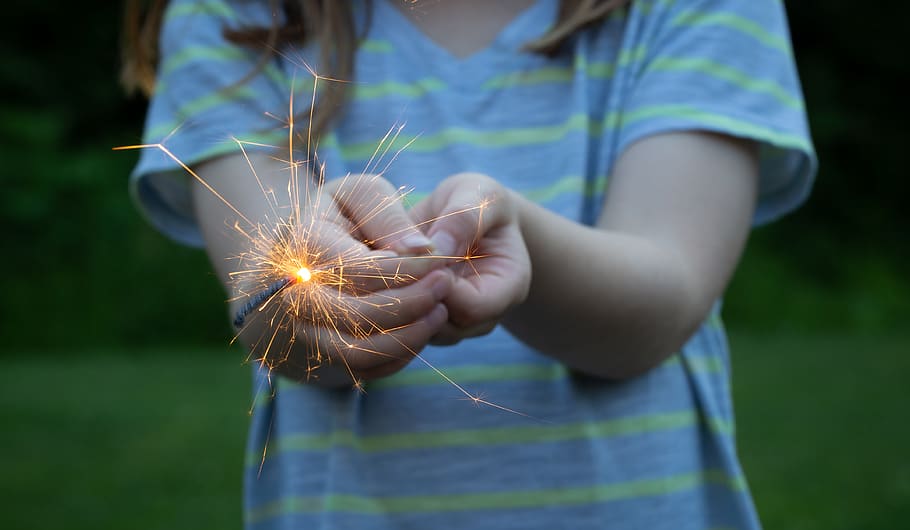 fireworks, sparklers, holiday, celebration, fun, outdoors, bokeh, person, hands, holding