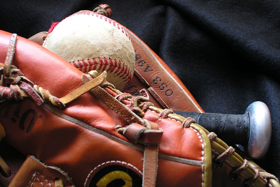 brown, rawlings leather baseball mitt, baseball bat, ball, baseball, baseball mit, glove, sport, softball, mit