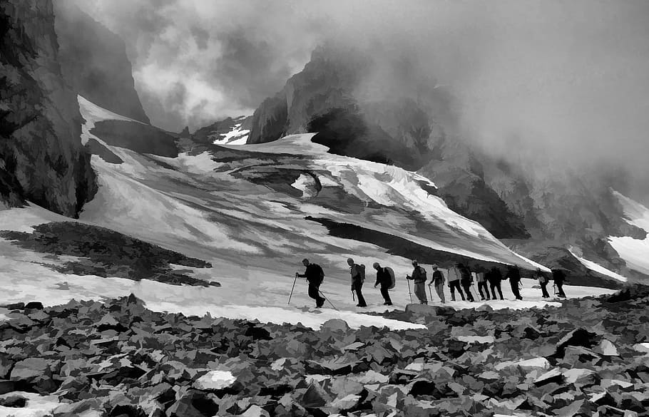 Fotografía en escala de grises, grupo, hombres, senderismo, nevado, montaña, niña, mujer, trekking, feliz