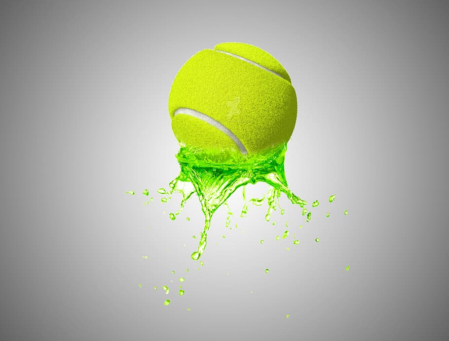 bola tenis, bola, basah, cipratan, olahraga, bidikan studio, objek tunggal, warna hijau, tenis, latar belakang abu-abu