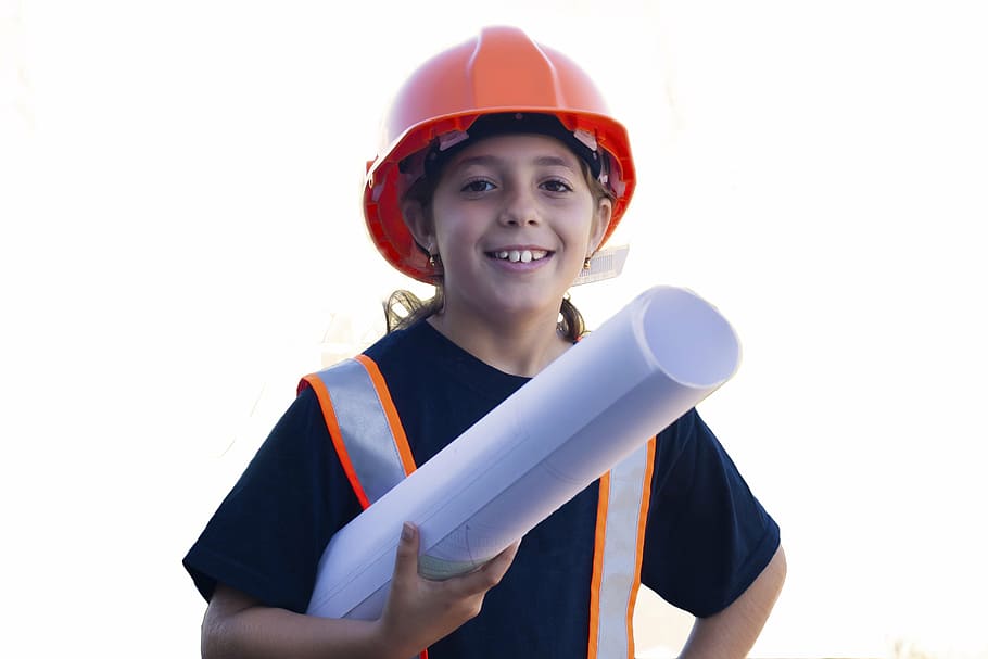 girl, holding, white, blueprint, wearing, orange, hardhat, worker, yard safety, little girl
