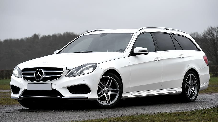 white, mercedes-benz station wagon vehicle, parked, ahead, mercedes-benz, car, transport, auto, motor, modern