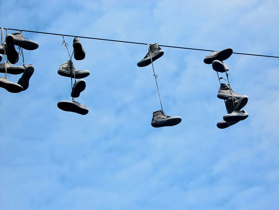 shoes, funny, hang suspended, decoration, sky, hanging, rope, blue, low angle view, cloud - sky