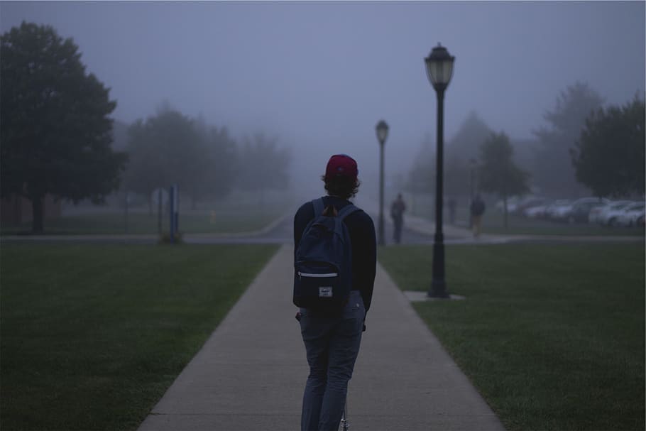 students, backpack, hat, young, guy, jeans, path, grass, lamp posts, parking lot