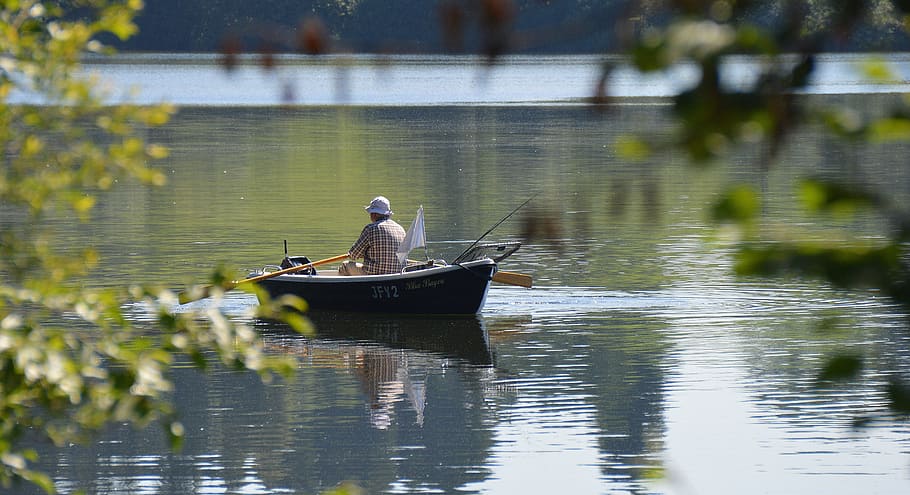 man rowing, boat, river, man, rottachsee, rowing boat, fish, boat trip, angler, lakeside