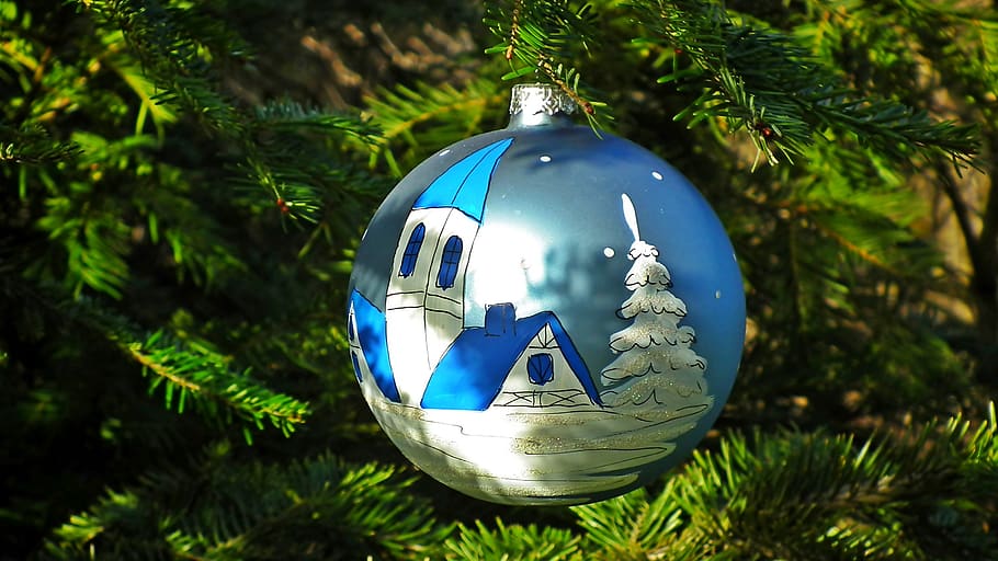 bauble, blue, embellished, christmas, decorated with, closeup, the tradition of, christmas tree, december, tree