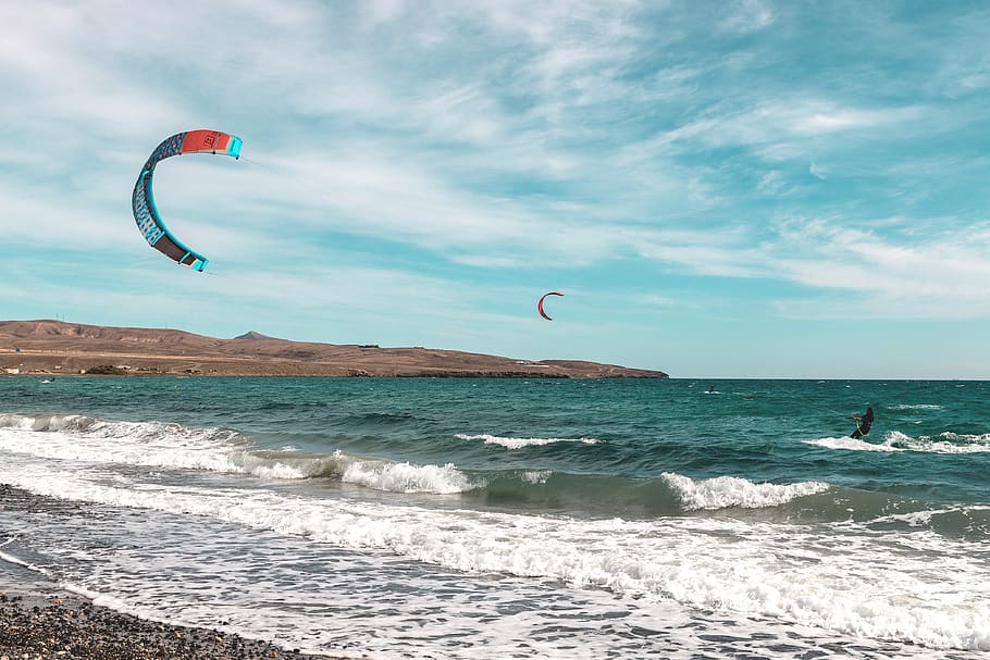 Flying, paragliding, beach, action, active, nature, parachute, paraglider, sea, sky