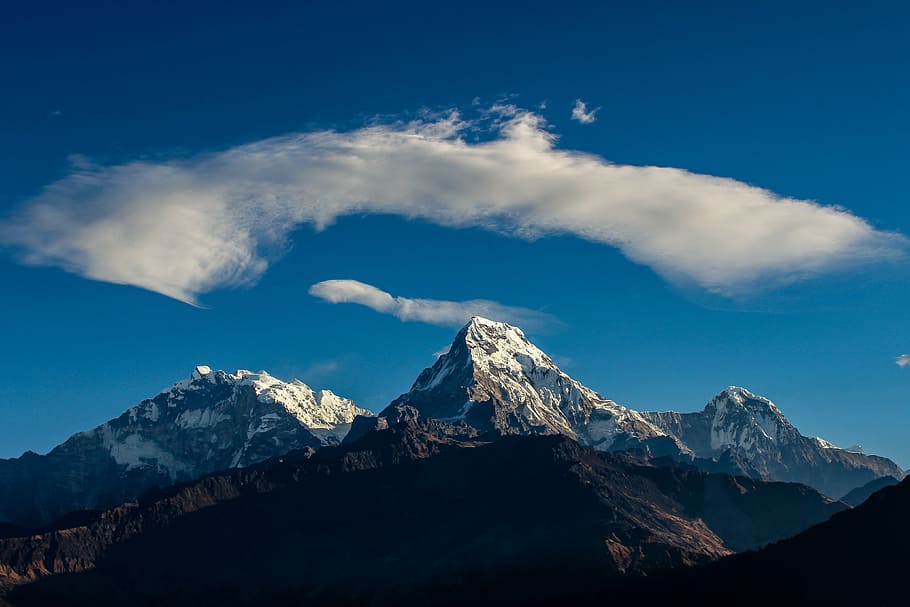 snow, capped, mountain, white, clouds, daytime, himalaya, annapurna, travel, nepal