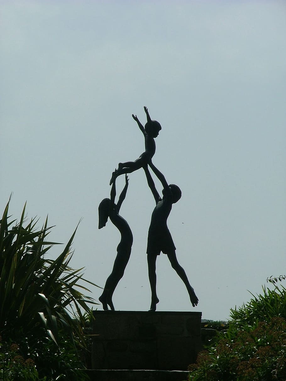 tresco, abbey gardens, children, statue, silhouette, scilly isles, cornwall, sky, nature, real people