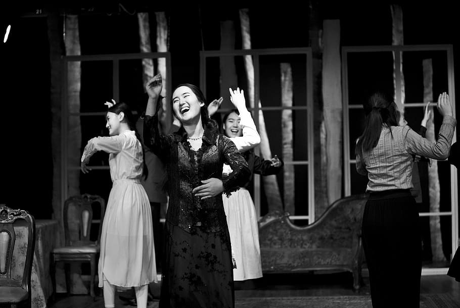 grayscale photo, women dancing, people, theatre, monologue, dance, men, group of people, women, real people