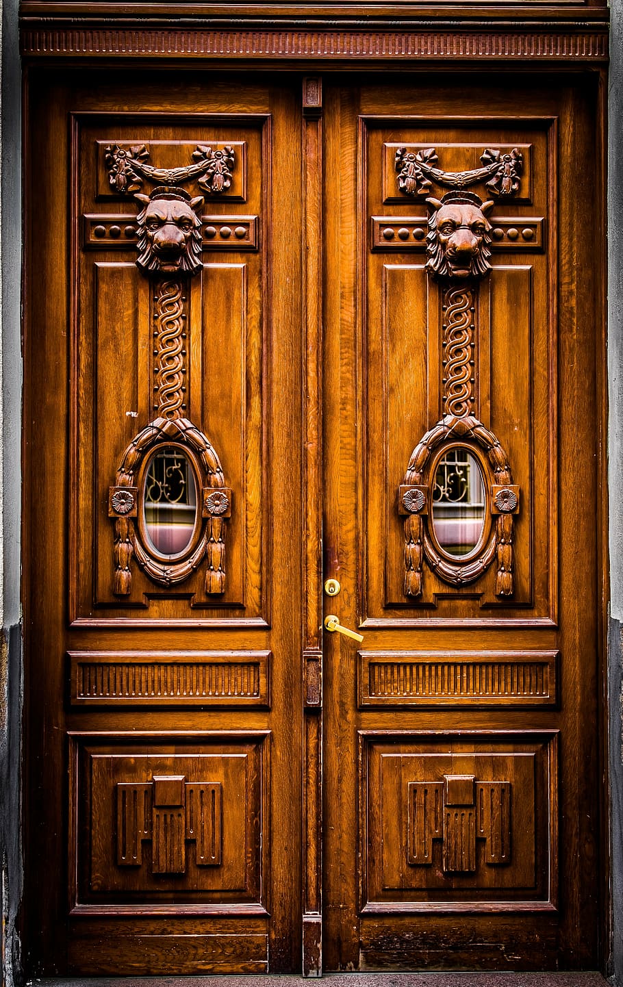 brown, wooden, side-by-side, door, architecture, design, sculpture, art, wood - material, closed