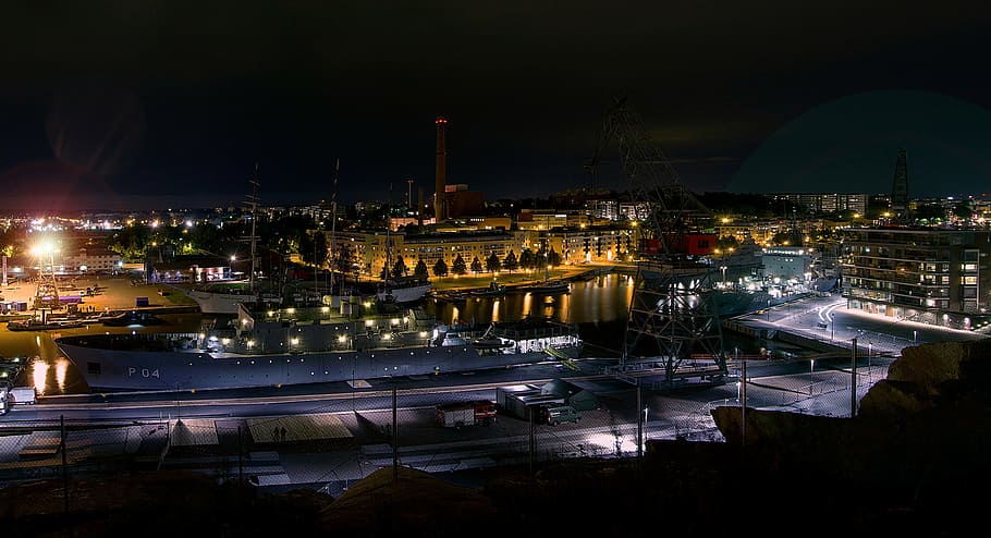 river, warship, military exercise, turku, night, city, finland swan, harbor crane, crane, architecture