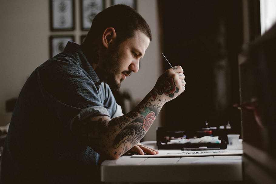 people, man, tattoo, drawing, design, artist, art, pen, paper, table