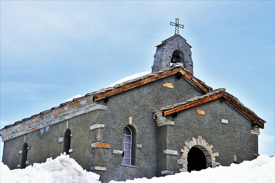 gray, concrete, church, blue, sky, winter, architecture, snow, building, religion