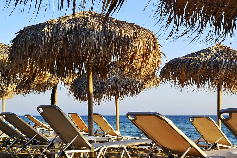 sunbeds and umbrellas, seaside, sea, beach, greece, summer, sun, vacation, time to relax, water