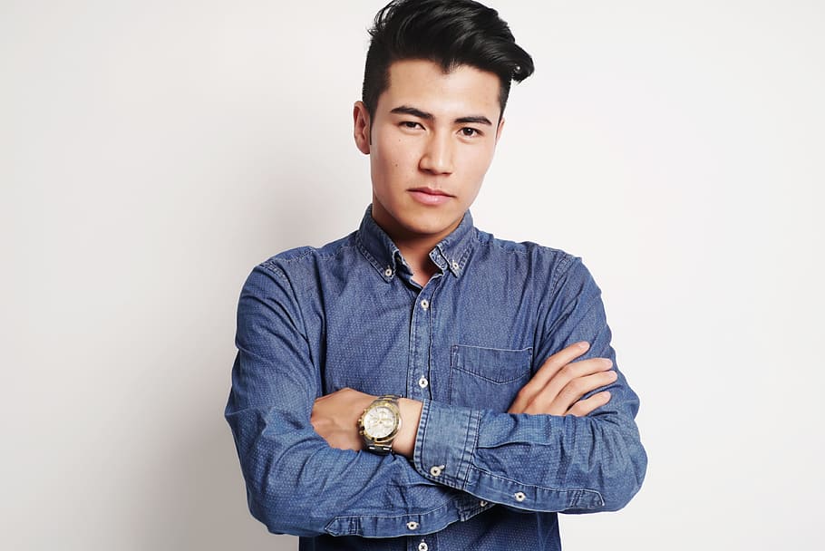 man, blue, chambray long-sleeve shirt, gold-colored round, watch, model, businessman, corporate, handsome, portrait