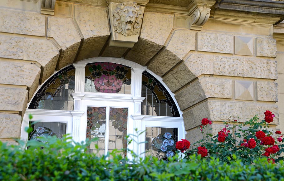 white, wooden, framed, glass panel window, red, rose, flowers, window, art nouveau, facade