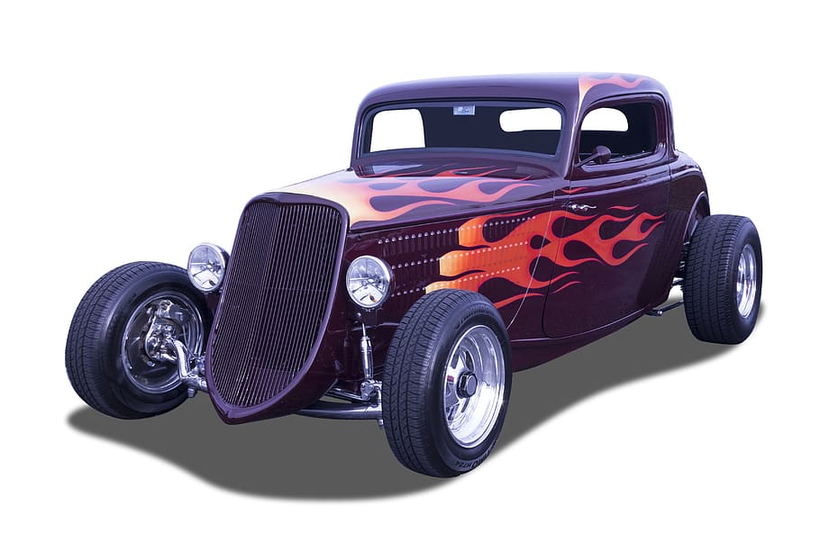 vintage car, white background, hot rod, orange color, antique, transportation, automobile, ford, vintage, flames
