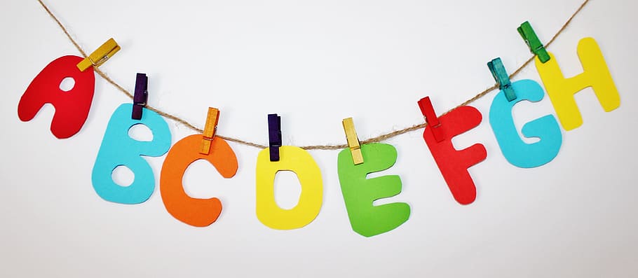 abcdefgh, colgando, decoración de clip, leer, aprender, letras, educación, abc, alfabeto, multicolores