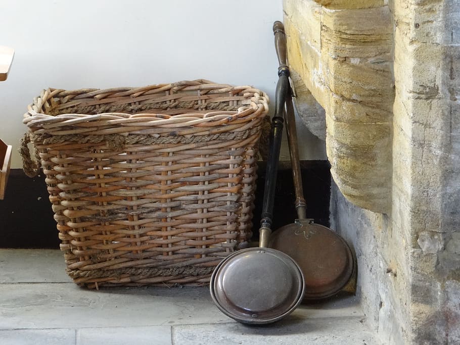 frying pan, basket, antique, fireplace, container, music, day, wall - building feature, hanging, close-up